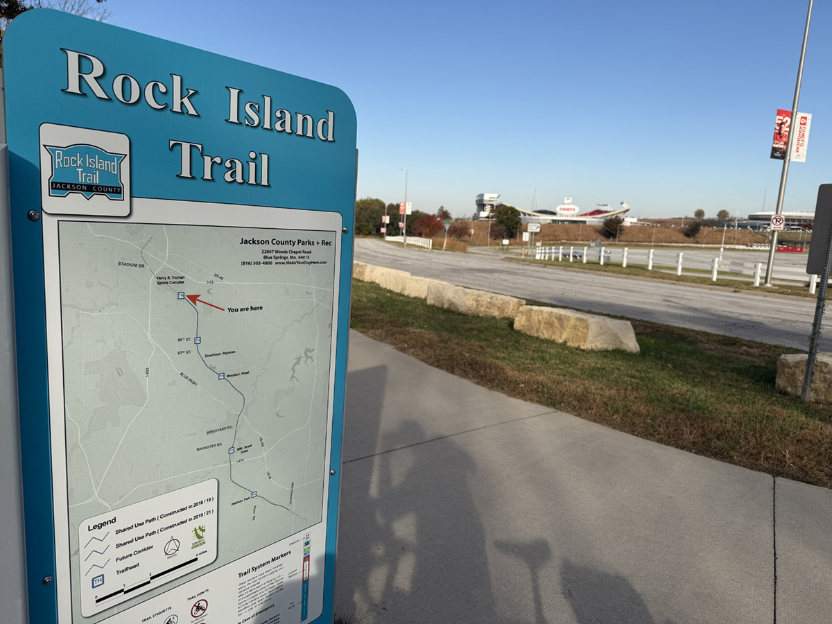 Rock Island Trail start at the Kansas City Chiefs parking lot