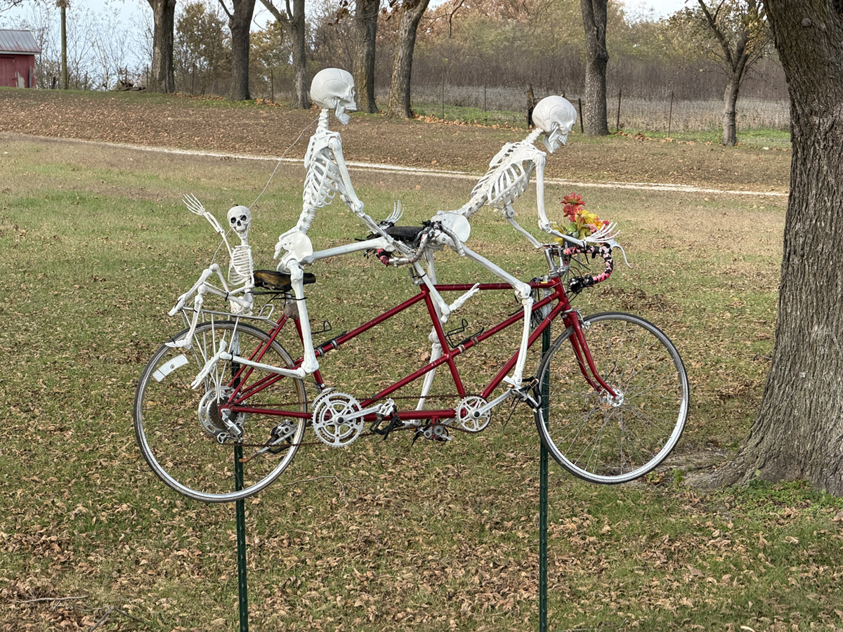 Skeletons on bikes along the Katy Trail